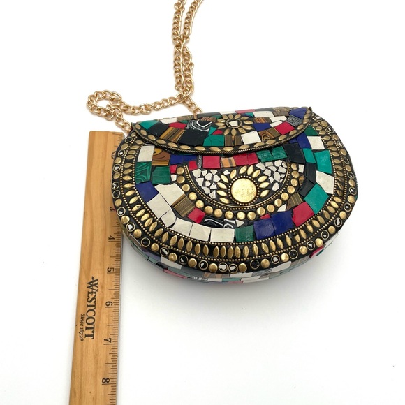 Vtg Himalayan Handmade Tibetan Mosaic Inlay Boho Clutch Evening Bag Multicolor - Picture 8 of 8